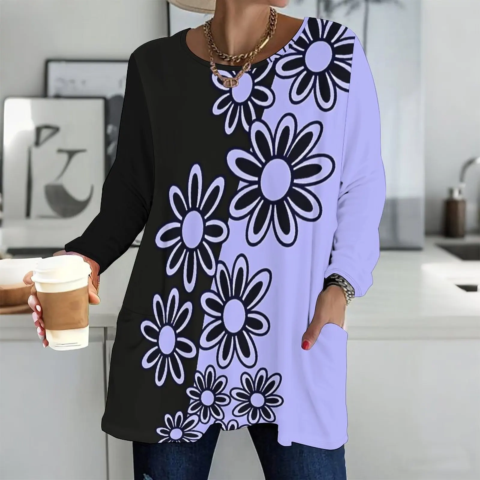 Printed Top for Women Round Neck Long Sleeve Front Pockets Loose Fit Longline 3