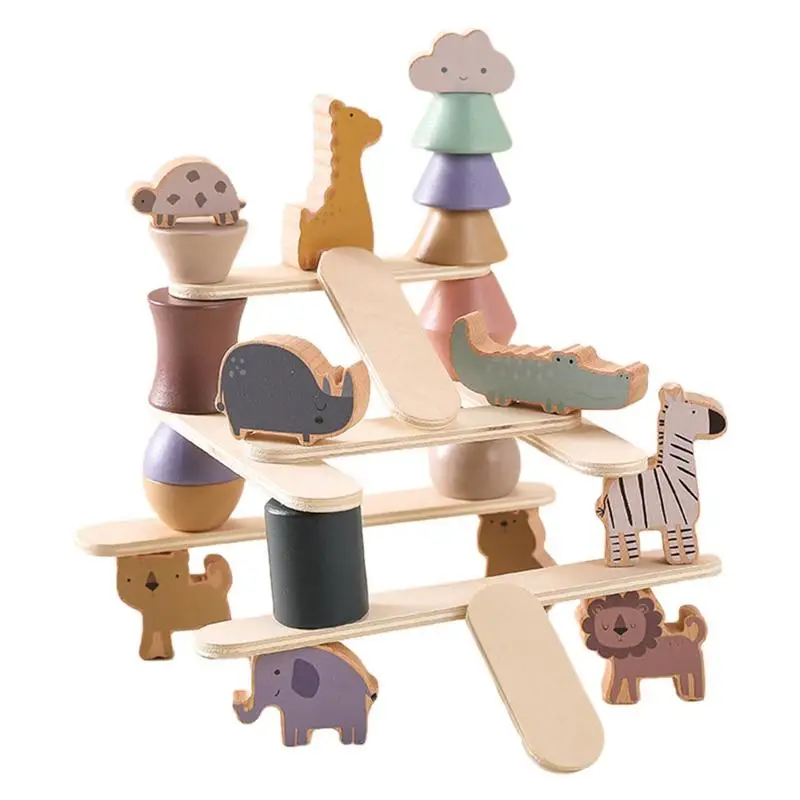 Wooden Animal Stacking Blocks Cute Zoo Animals Stacking Blocks Balance Game Fine Motor Skills Puzzle Montessori Balancing Toys