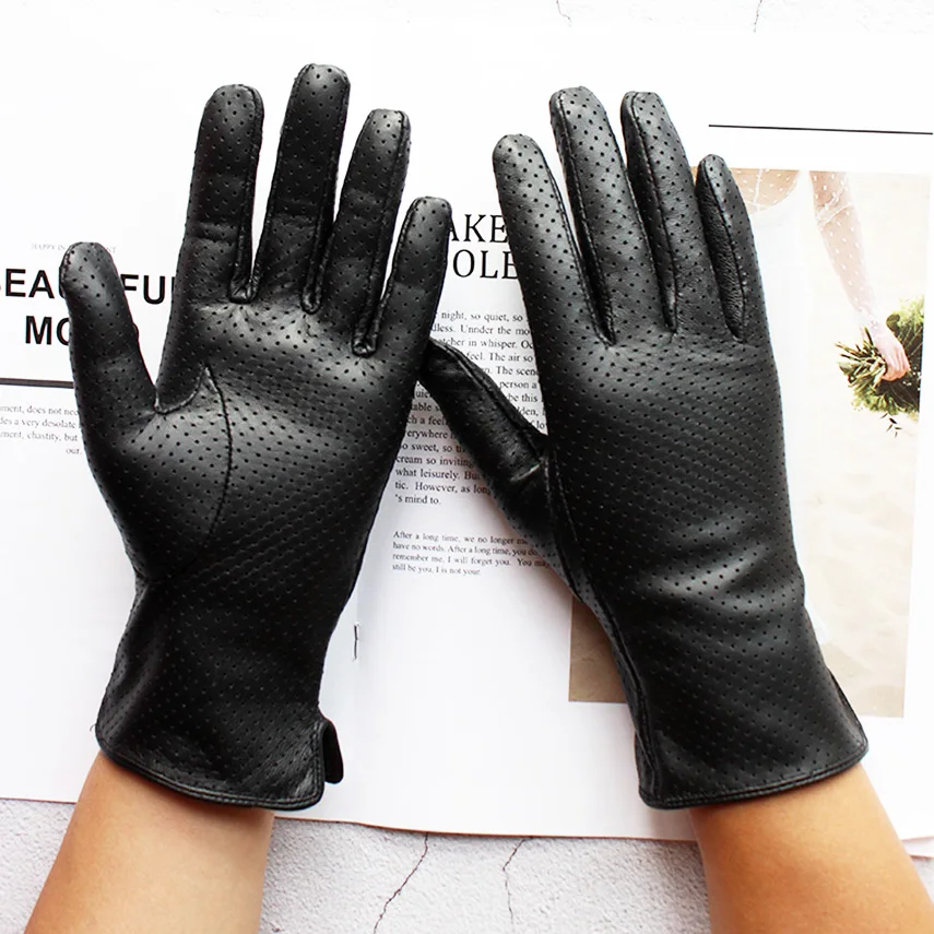 Summer Driving Thin Leather Sheepskin Gloves Women\'s Fashionable Silk Lining Perforated Motorcycle Riding Finger Gloves