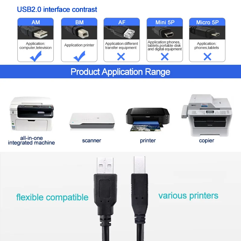 New Data Charging Cord 5Pin USB2.0 A Male To USB B Male Printer Cable Printer Cable Usb 2.0 Type Cable Copper Core for Printer