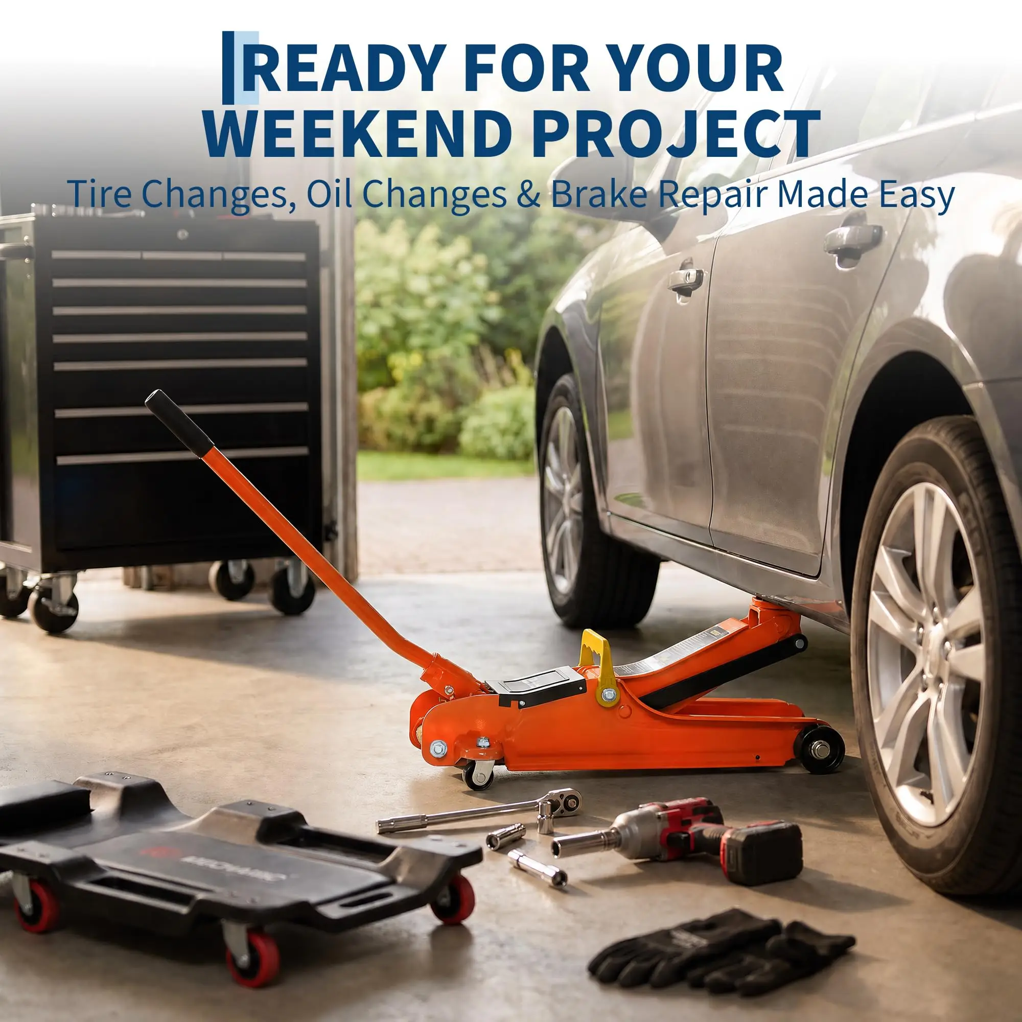 2.5 Ton Low Profile Hydraulic Floor Jack, 5,500 lb Heavy-Duty Steel Racing Trolley Jack - 3.4 in Min Height - Swivel Casters & Rear Wheels - Orange, Yellow Handle