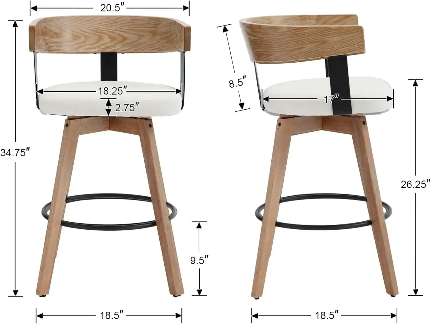 Tabouret de bar moderne en bois avec repose-pieds, comptoir recommandé, Kitchen Island, Home Bar, blanc, piste de bar, ensemble de 3 à 26 po