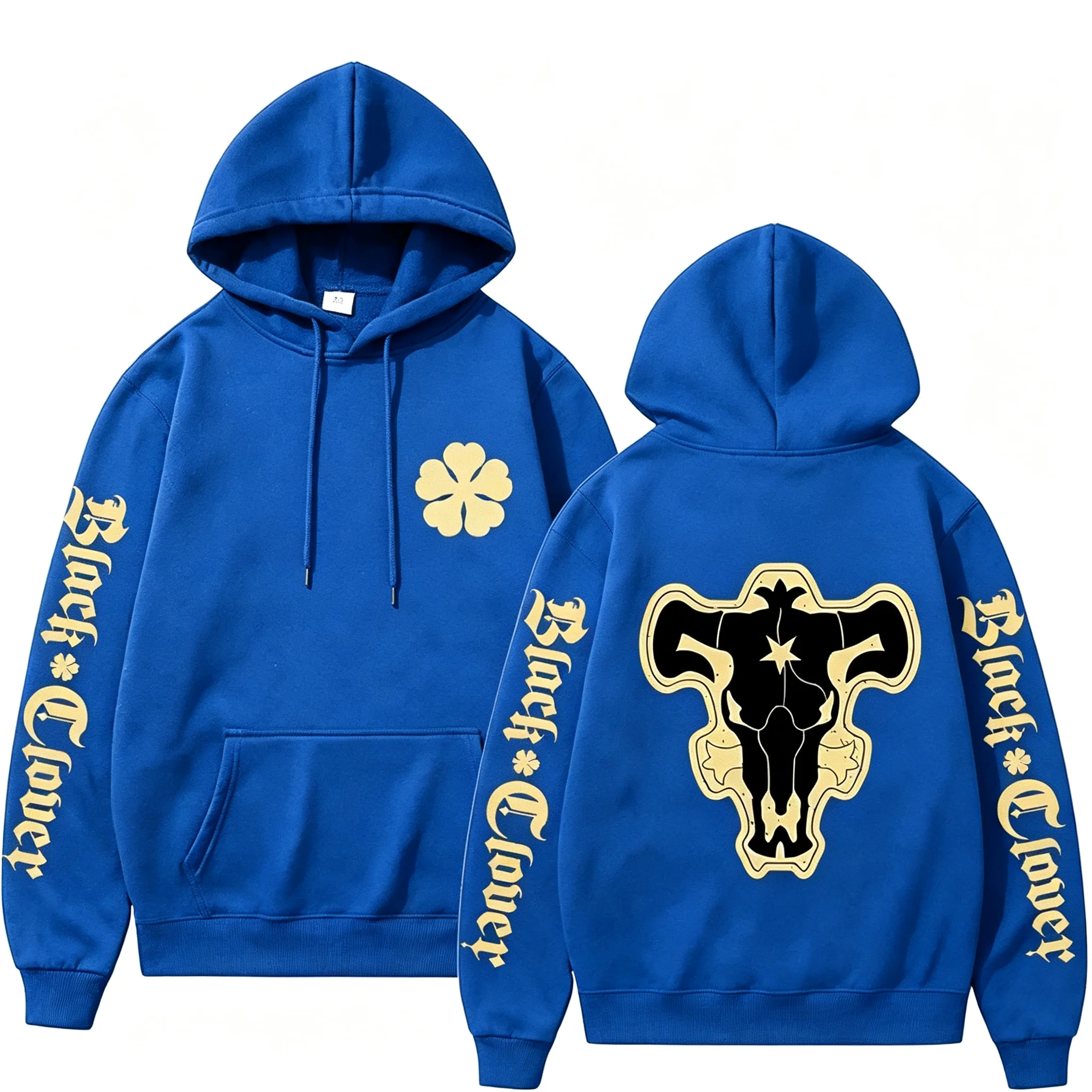 2026 Herbst Black Clover Black Bull Hoodie mit mehreren Prints, vorne mit Kleeblatt-Emblem, hinten mit Bullenschädel, Unisex, Oversized, Y2K-Hoodie – Detail 3