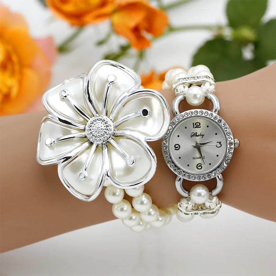 New Fashion  Women Dress Watches Ladies Pearl Chain White Flower Bracelet Quartz Wristwatches Women Rhinestone Watches