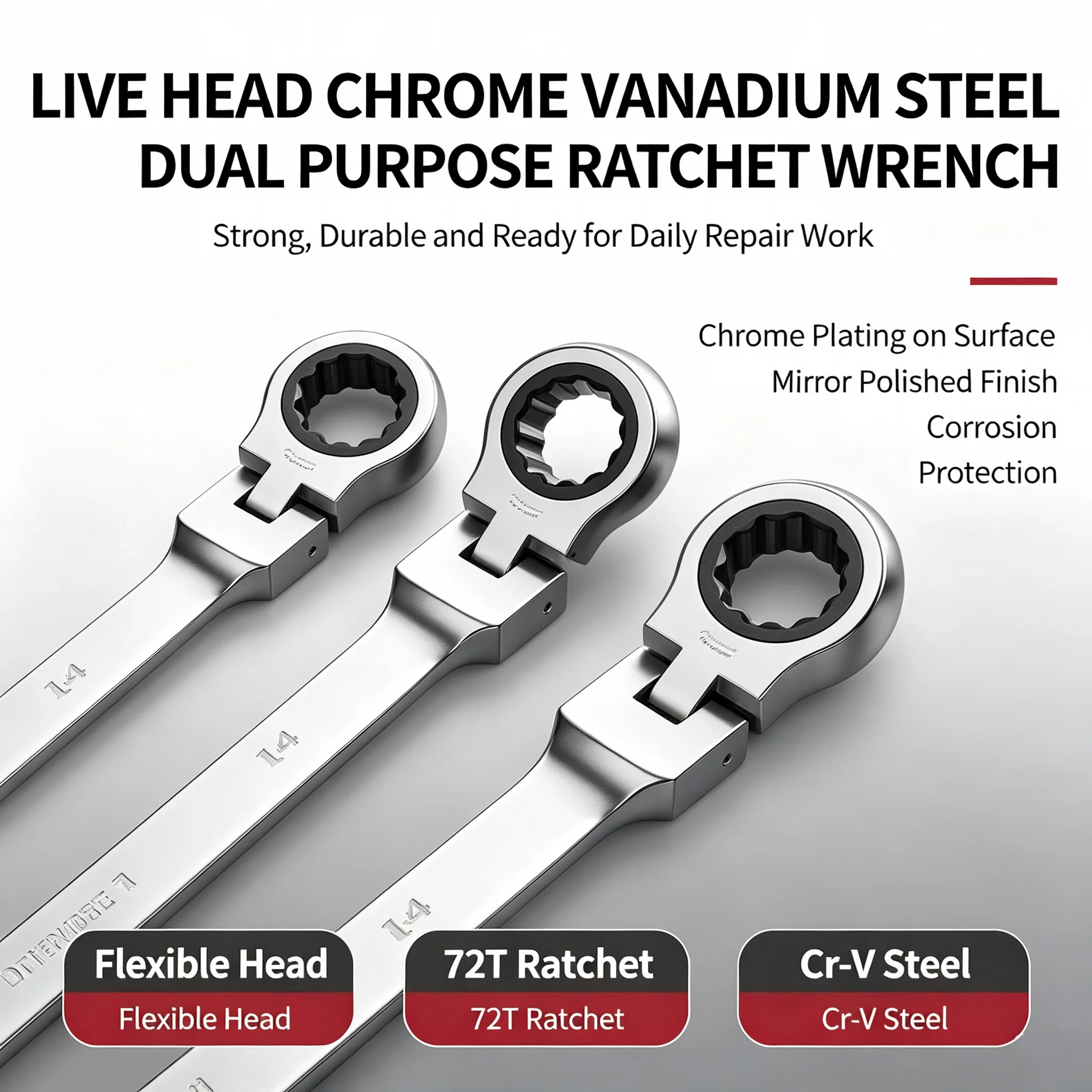 Flexible Head Ratchet Spanner Set, 72 Teeth Ratcheting Wrench with 180 Degree Rotatable Head, for Car Repair DIY Hand Tools