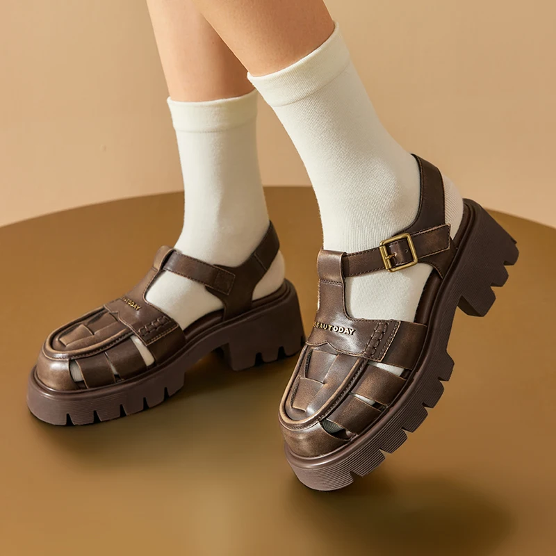 BEAUTODAY Gladiator Platform Sandals Women Solid Buckle T-Strap Thick Sole Retro Rome Summer Beach Ladies Shoes Handmade 38260
