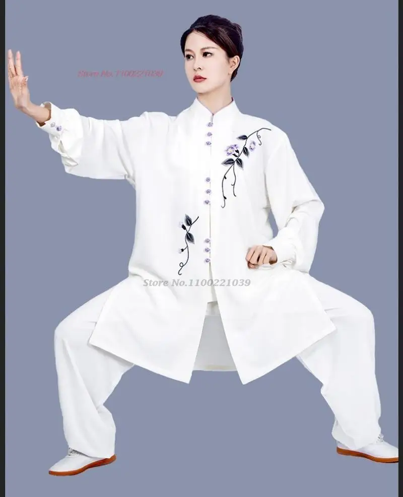 

2026 китайская одежда для кунг-фу, тай-чи, боевых искусств, униформа для тайцзицюань, ушу, вин-чун, с вышивкой национальным цветком, комплект: топ и брюки.