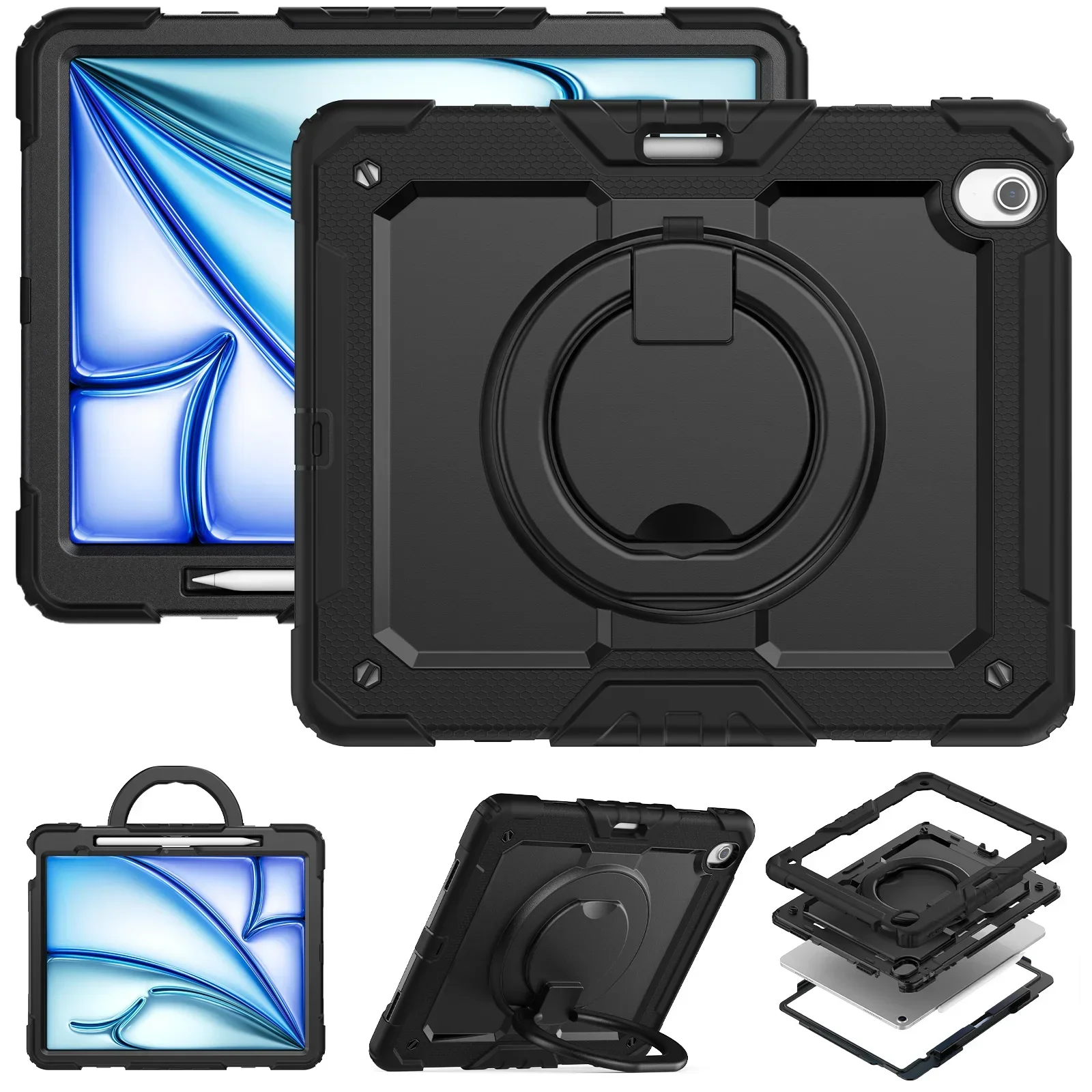 

Shockproof iPad Case for Air11/13 M2/Pro11/13 M4 2024 with PC Pull Ring Stand Shoulder Strap And Pen Tray - Duty Tablets Cover