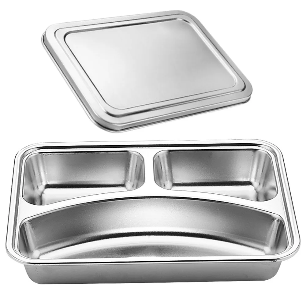 

Stainless Steel Divided Lunch Box Rectangular with Lid Fast Food Plate Rustproof Stackable Divided Dinner Tray Kitchen Tableware