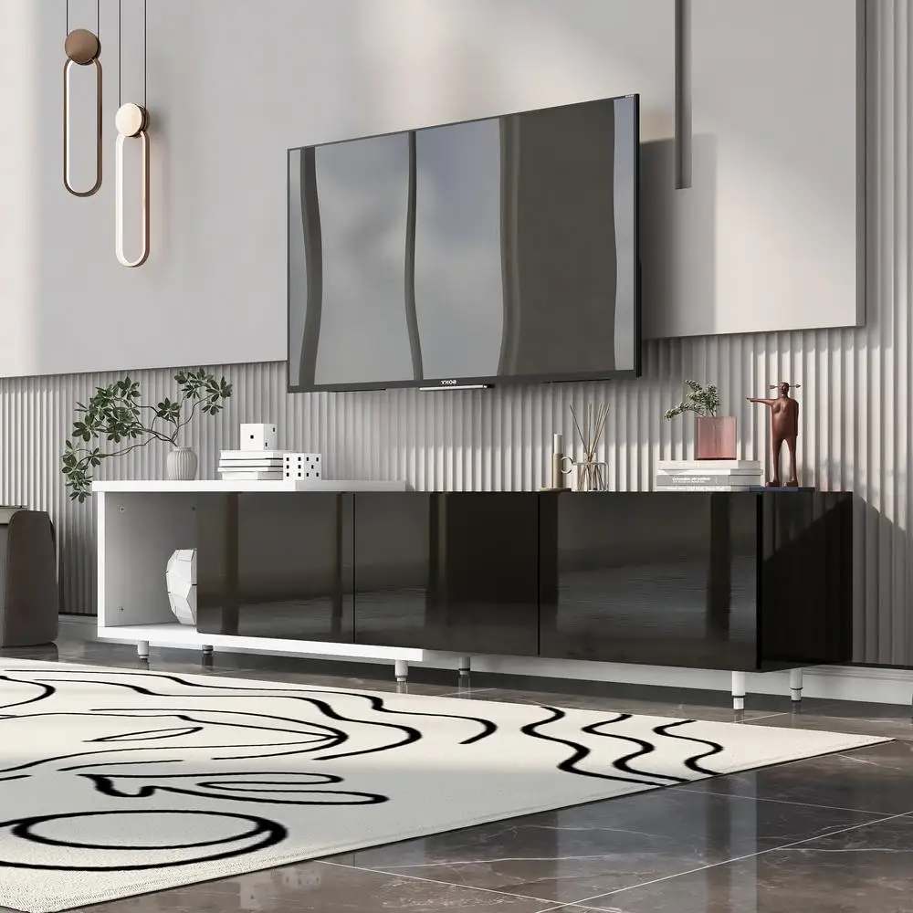 

Adjustable 70-100 Inch TV Stand Modern White Black Lacquered Media Console with 3 Drawers for 80+ Inch TVs