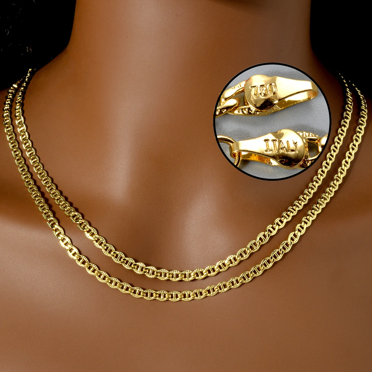 Gold Plated Mariner Link Chain Necklace Women 750 Italy Stamp Thin Waterproof Non Fade Choker African Dubai Party Jewelry Gift