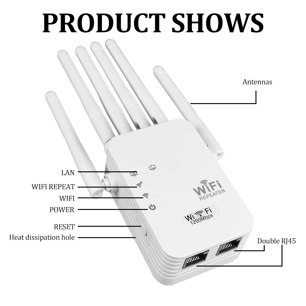 OPTFOCUS 와이파이 리피터, 1200Mbps, 5G, 2 Lan 신호 리피터, 무선 와이파이 익스텐더 증폭기, 6 안테나, 와이파이 증폭기 부스터