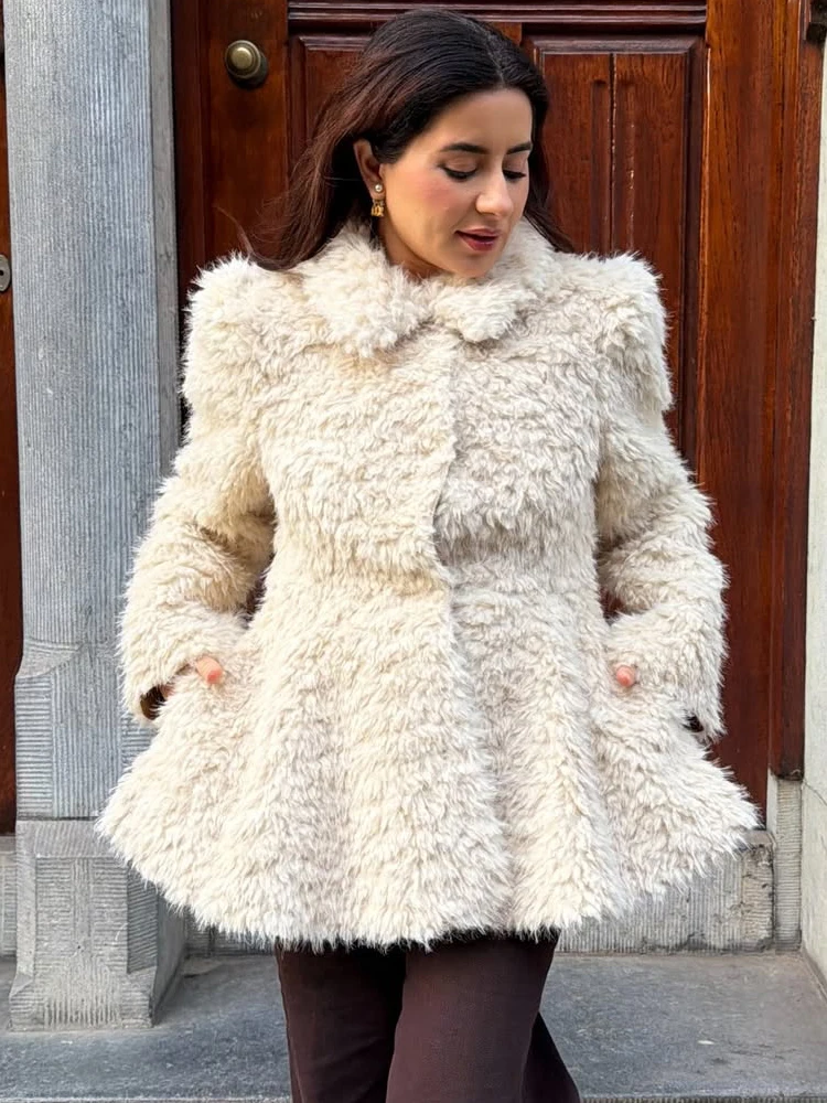 Trendix Warme Elegante Faux Pelz Jacke Frauen Winter Straße Casual Langarm Oberbekleidung Revers Patchwork Rüschen Pullover Jacken