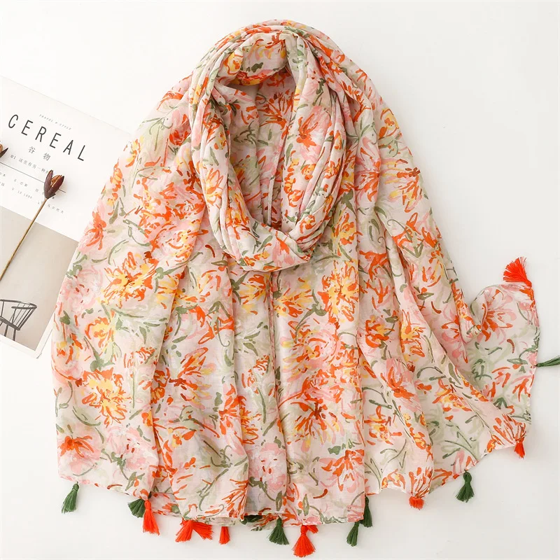 

2024 Newest Women Floral Printed Pattern Scarf Cotton Voile Scarf Shawls