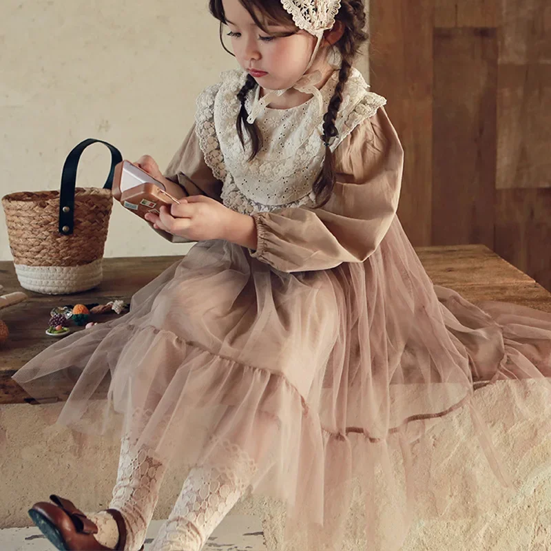 Kids Dresses for Girls 2024 Autumn New Kids Girl Princess Long Sleeve Lace Cute Print Dress Baby Girl Dress