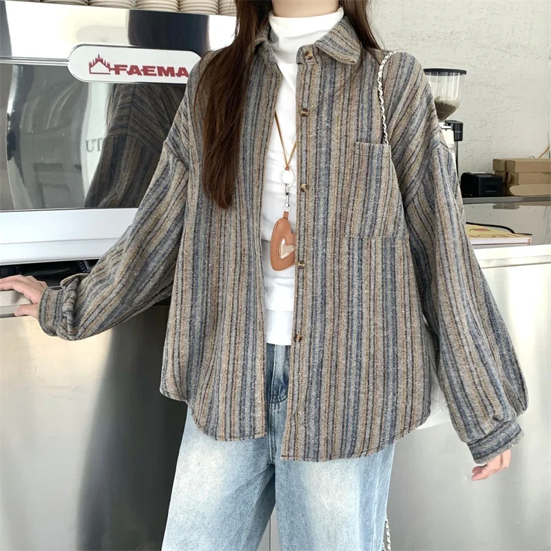 韓国風シングルブレストターンダウンカラーカジュアルトップス秋冬レトロルーズ長袖シャツ厚手ストライプ女性ブラウス
