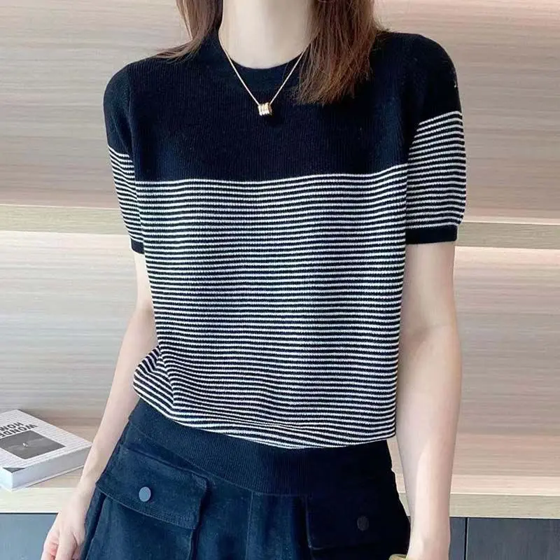 Korean Striped Knitted Pullovers Female Clothing Spliced Short Sleeve Summer Commute Casual Round Neck All-match Loose T-shirt