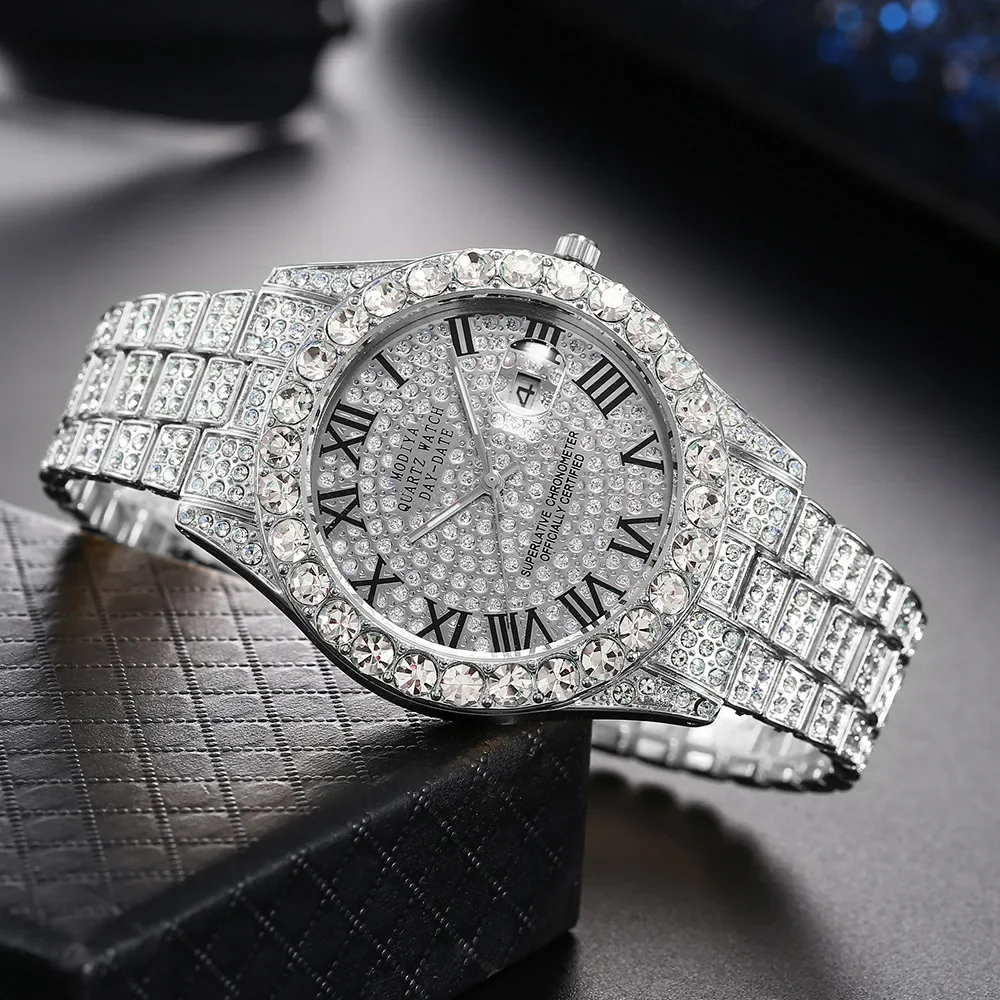New Men Watch Full AAA Rhinestone Around Luxury Quartz Watches Round Clock Wrist Watch Gift for Boyfriend Sparkling Wristwatches