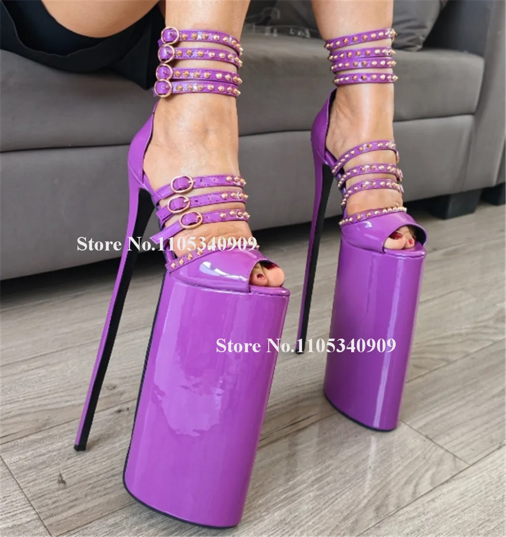 Bondarenko Sexy Purple Patent Leather Stiletto Heel Pumps Peep Toe Rivets Super High Platform Thin Heel 30cm Dance Shoes