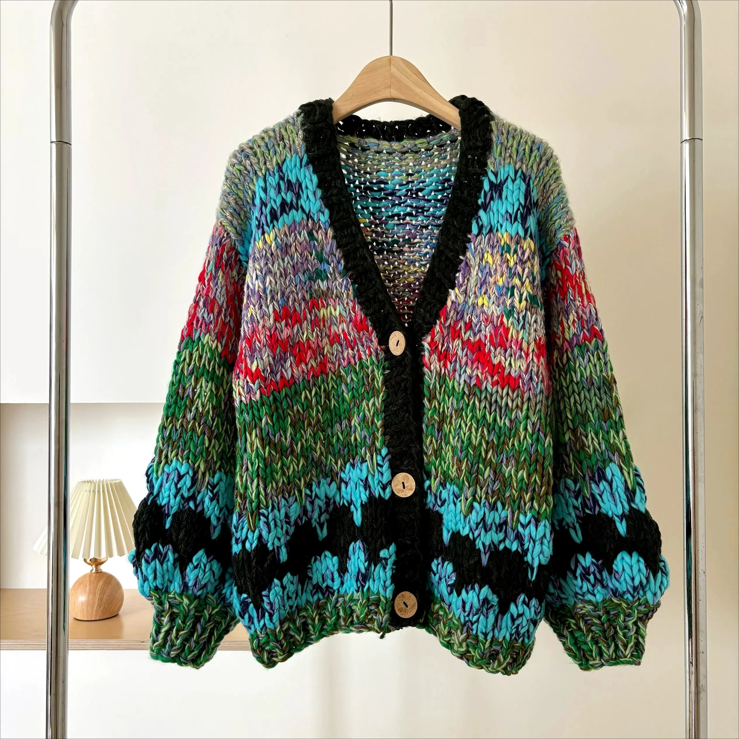 Handmade Vintage Chunky Knit Cardigan Multi-Color V-Neck Lantern Sleeve Sweater Coated Women Casual Loose Fit Outerwear