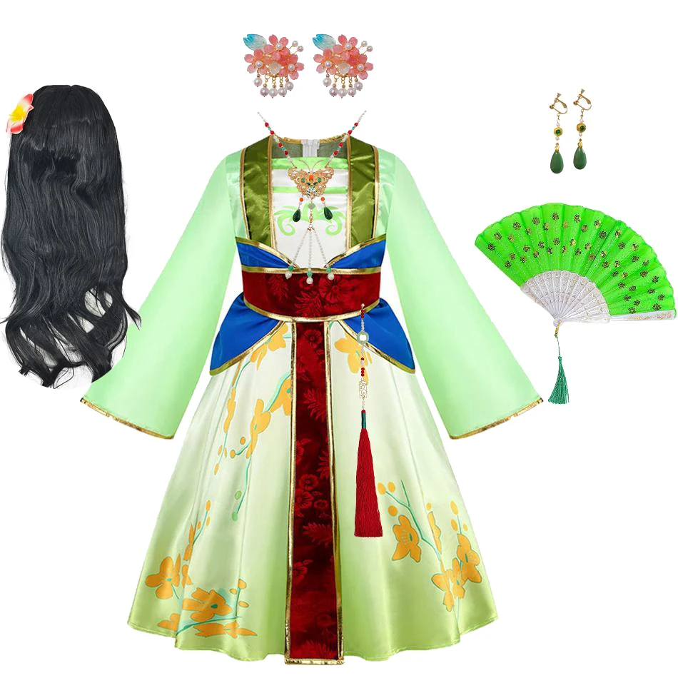 Grünes Hanfu-Kleid mit Blumenmuster für Kinder, chinesisches Mulan-Kostüm mit komplettem Zubehör, Kinder-Cosplay-Outfit für Karneval, Geburtstagsgeschenk