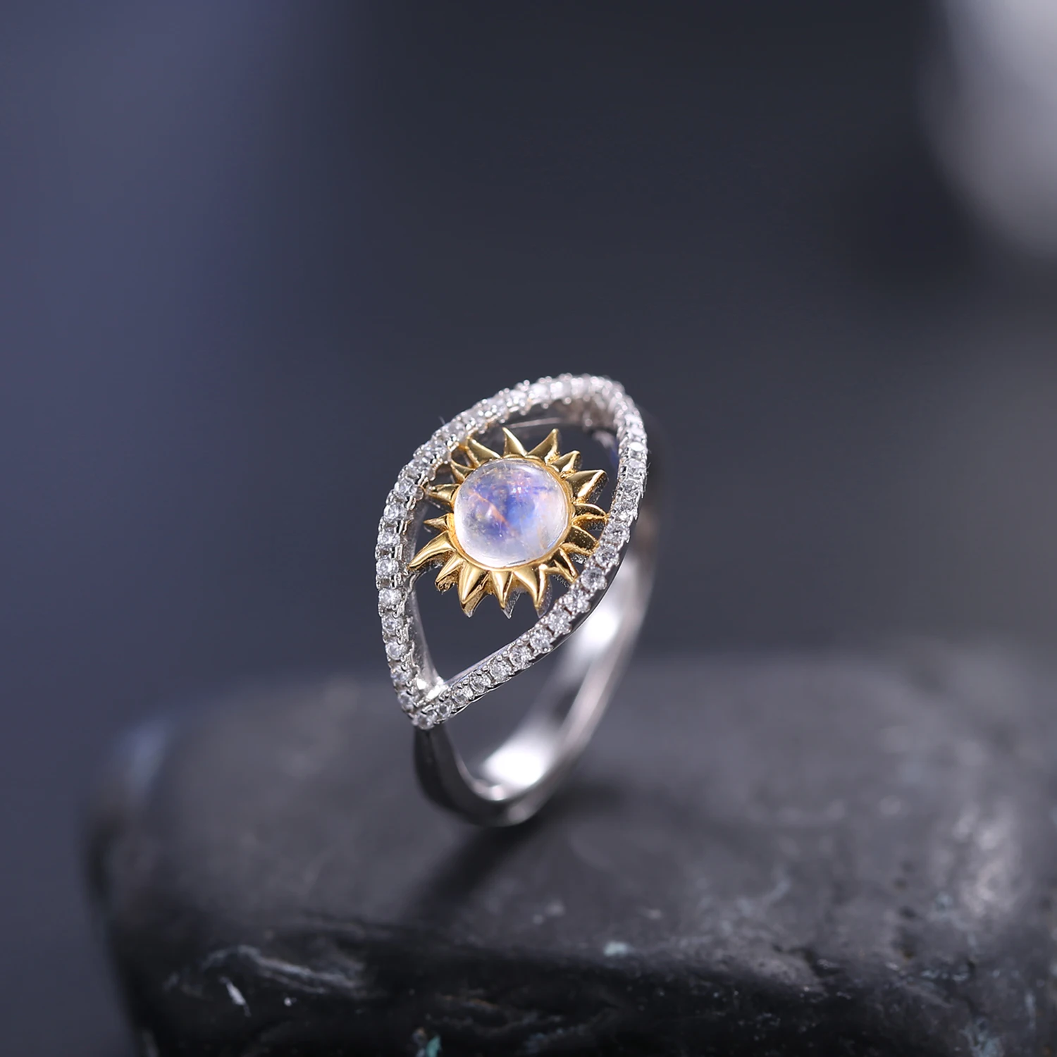 GEM'S BALLET Natural Rainbow Moonstone Turkish Eye Rings, 925 Sterling Silver Adjustable Ring Gift For Her  June Birthstone