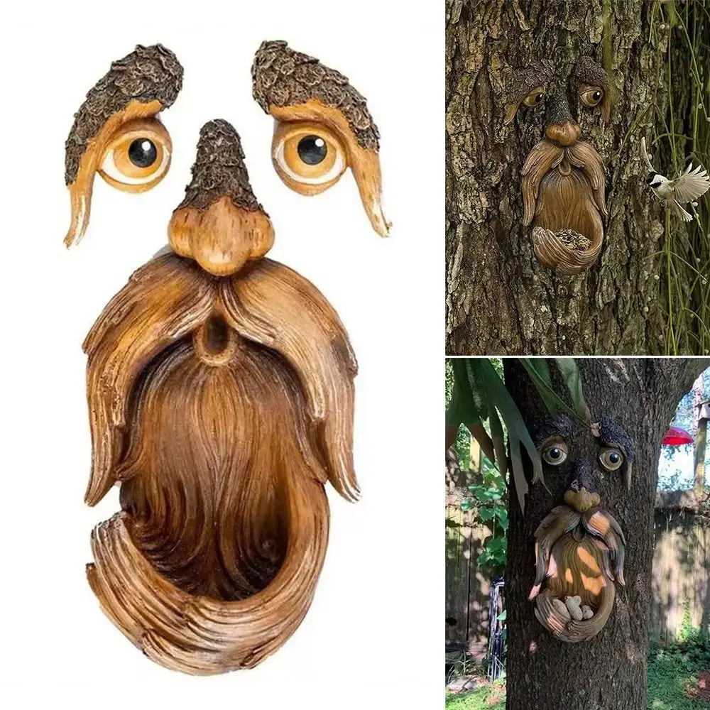 Novelty Resin Bark Face Old Man Cartoon Ghost Face Garden Ornaments Bird Supplies Tree Hugger Bird feeder