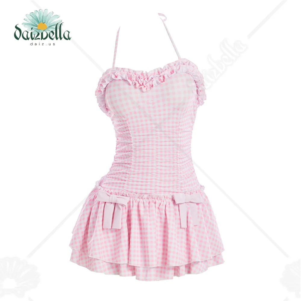 Daizbella Women's Pink One Piece Swimsuits 50'S Vintage Retro Plaid Ruffle Tummy Control Bathing Suit with Hair Clip
