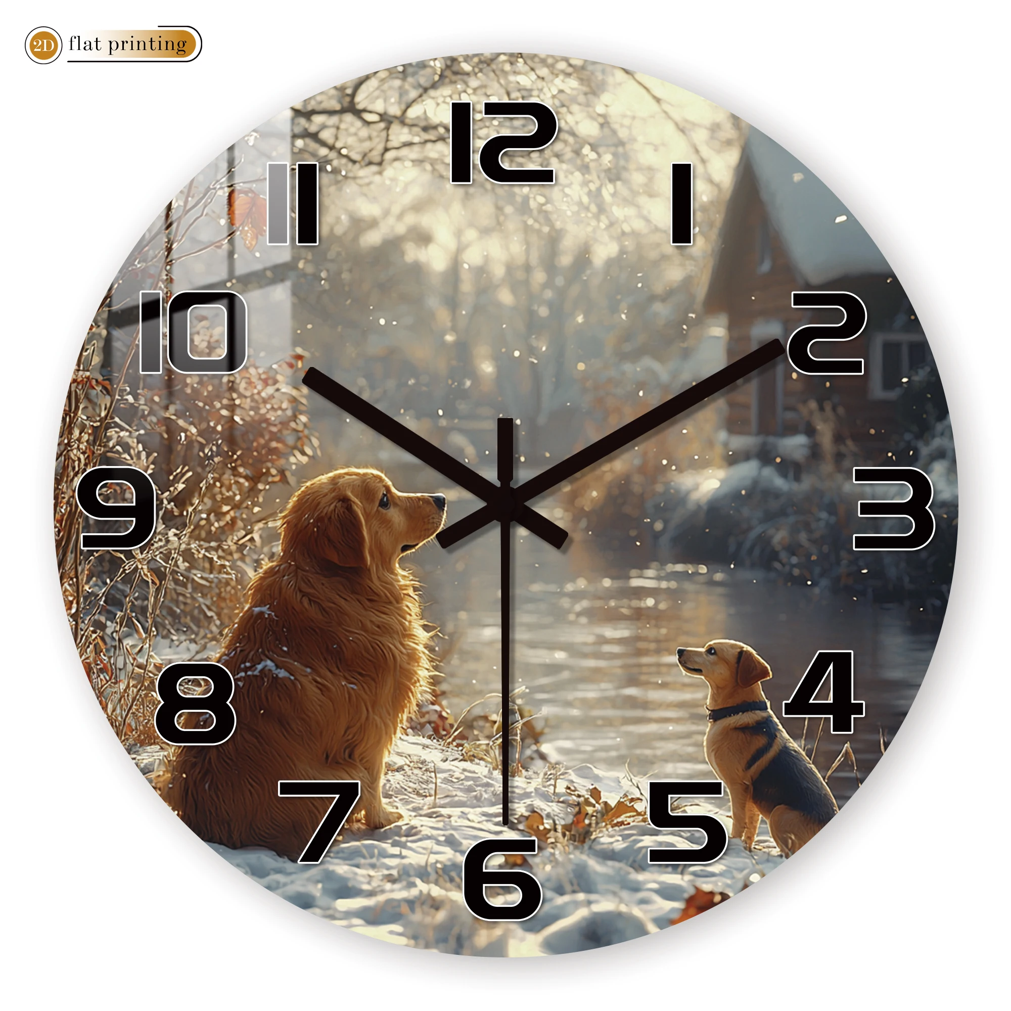 

Золотистые ретриверы в снежном пейзажном настенном часах — Зимняя сцена, 2D часы с плоским принтом — бесшумные нетикающие часы для любителей собак