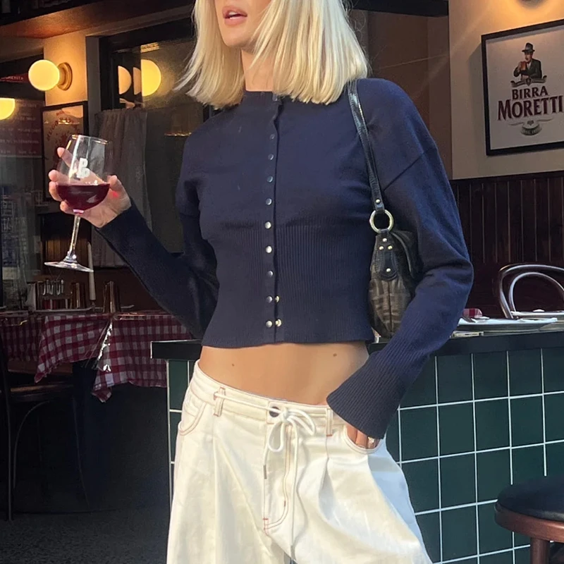 

Combhasaki Womens Ribbed Crew Neck Knit Slim Crop Tops Basic Long Sleeve Argyle/Stripes/Solid Color Button Down Sweater Cardigan