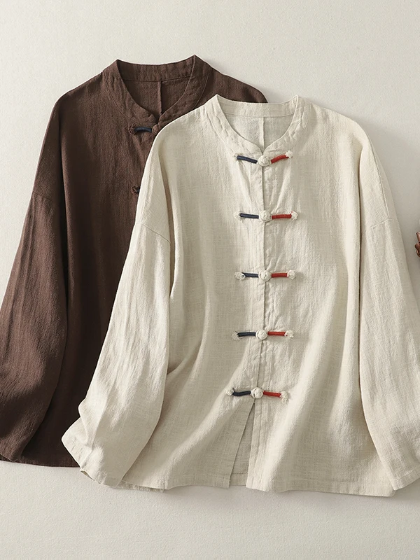 

Ретро-кардиган в китайском стиле из хлопка и льна, больших размеров, женский, повседневный, с длинным рукавом, воротником-стойкой, на пуговицах, в стиле дзен, открытый, T...