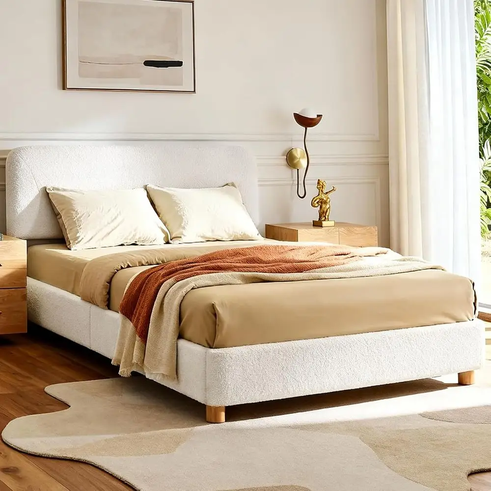 

Cream Modern Upholstered Cloud Bed Frame with Adjustable Headboard, Solid Wood Legs, Rounded Corners, Easy Assembly