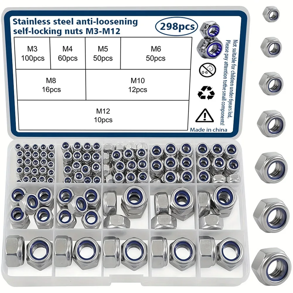 298 Pieces of Stainless Steel Anti-Slip Self-Locking Nuts, Size M3-M12, Prevent Nuts from Loosening Under Vibration.