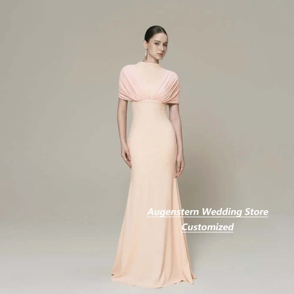 Customized Peach Mermaid Long Mother Of The Bride Gown Draped Pleated Cape Short‑Sleeve Wedding Guest Banquet Party Reception