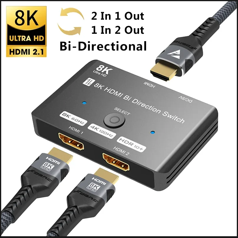 Przełącznik 8K HDMI 1 wejście 2 wyjścia 2 wejścia 1 wyjście Dwukierunkowy przełącznik 8K@60Hz 4K@120Hz HDMI 2.1 Przełącznik 2X1 1X2 dwukierunkowy