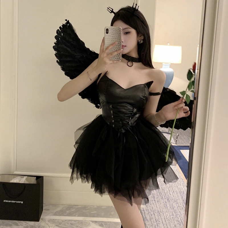 AniLV Halloween Infernal Dark Fallen Angels Dress Cosplay Clothes Women Devil Witchcraft Black Dress Outfits Costumes