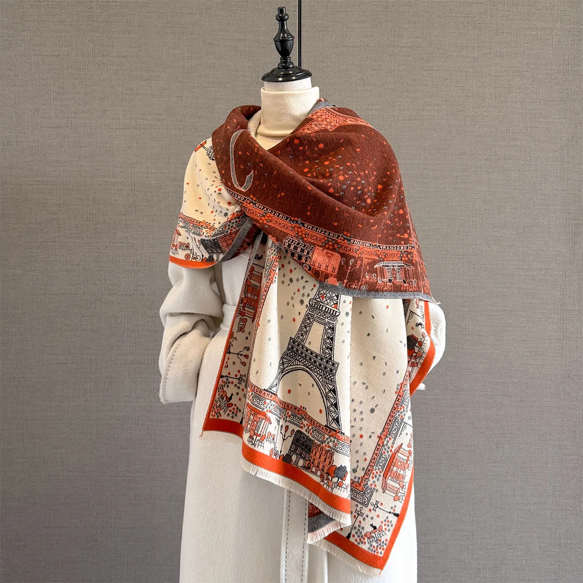 

Зимний кашемировый шарф, женский роскошный шарф с принтом Lron Tower, женская шаль, шарфы, женское толстое теплое одеяло, подарок, Echarpe, пашмина