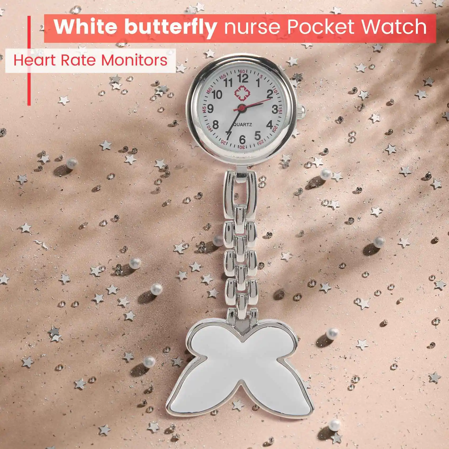 FZFZ ナースクロック 心拍数モニター 懐中時計 クォーツ バタフライモチーフ ホワイト