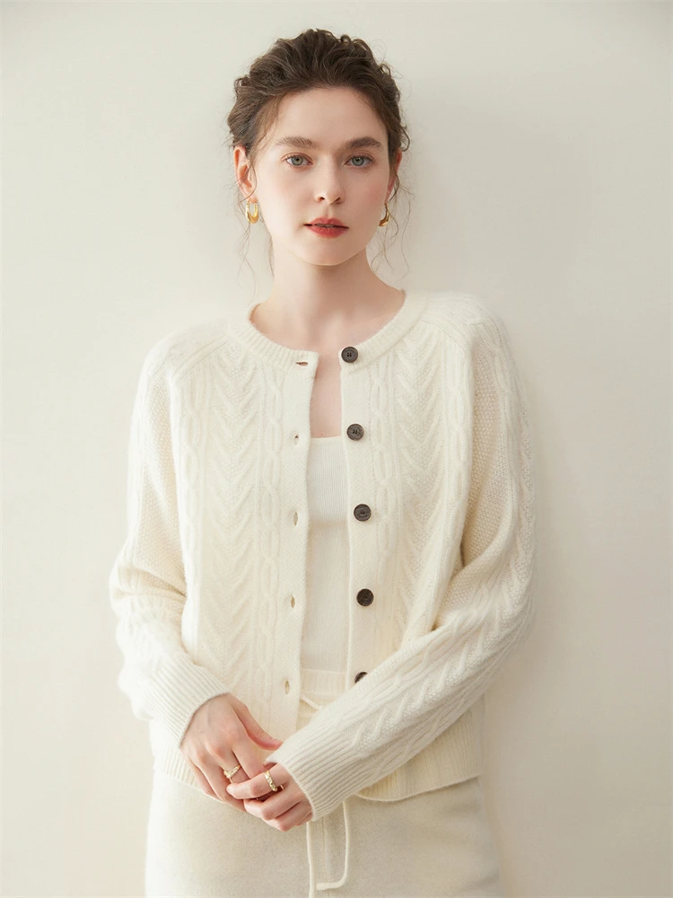 

100% Pure Cashmere Cardigan Sweater Women's New O-neck Cable Knit Jacket Single Breasted Soft Comfort Light Luxury Autumn Winter