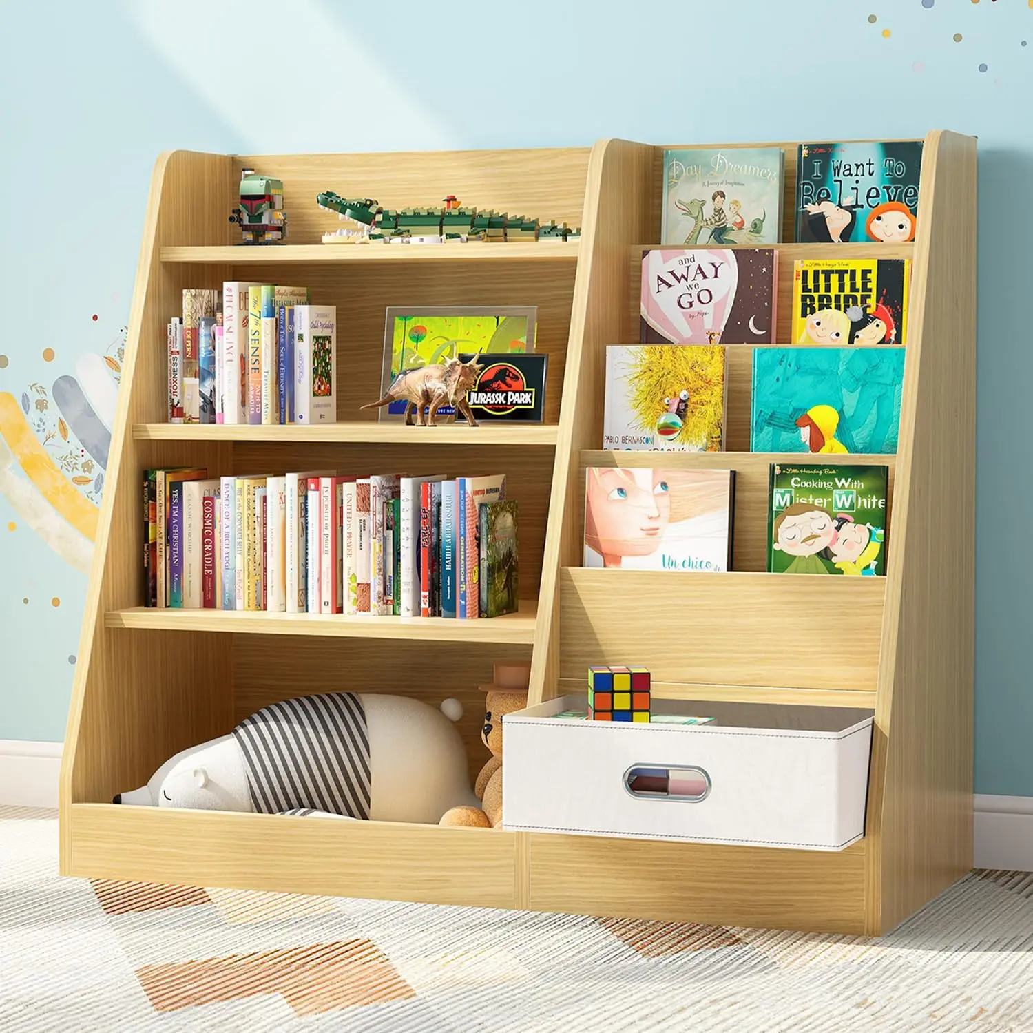

4 Tier Kids Wooden Bookshelf With Drawer, Five Layer Sling Children Bookcase, Baby Storage Book Rack, Book And Toy Organizer