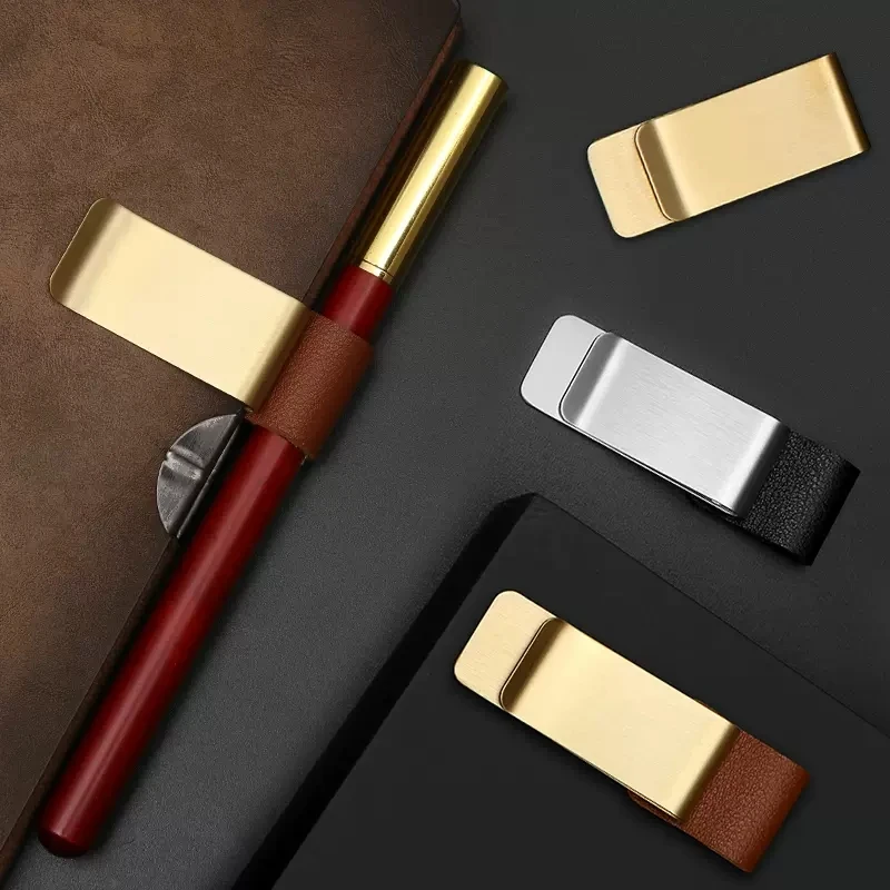 Metal Leather Pen Holder Vintage Brass Stainless Steel Pencil Clip for Notebook Journal Planner Spiral Loose Leaf Memo Clip