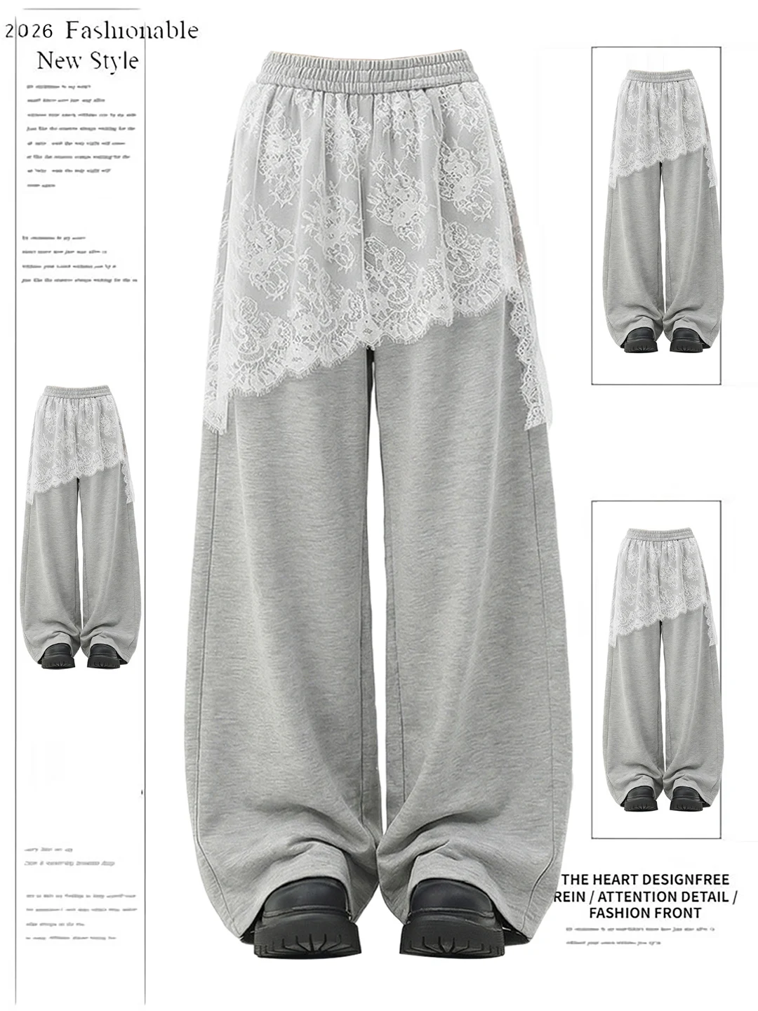 

Grey Lace Patchwork High Waist Wide Leg Casual Pants Women's Fashion Loose Fit Trousers Summer 2026 Polyester Blend