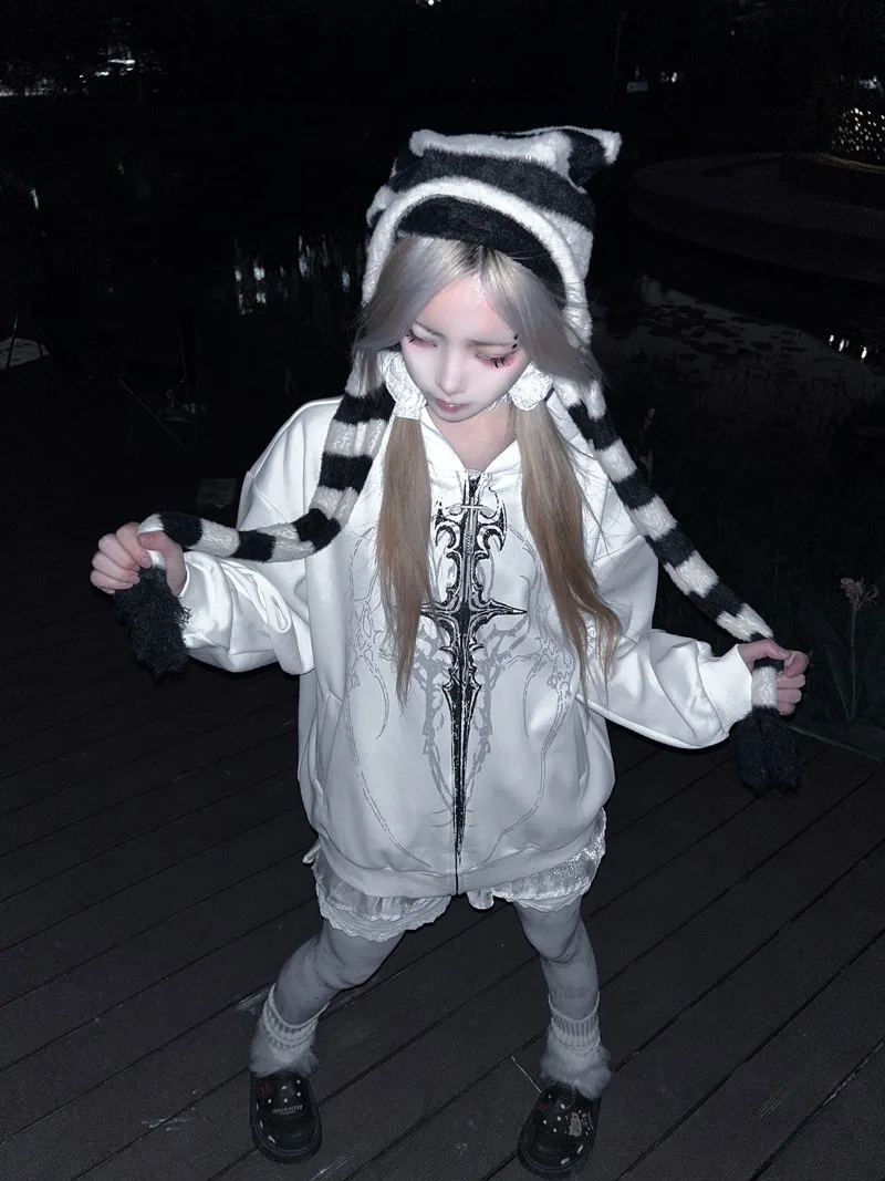 Harajuku Subculture Personality Hooded Sweatshirts Rock Punk Loose Casual Front And Back Printed Zipper Top Women's Hoodies Coat