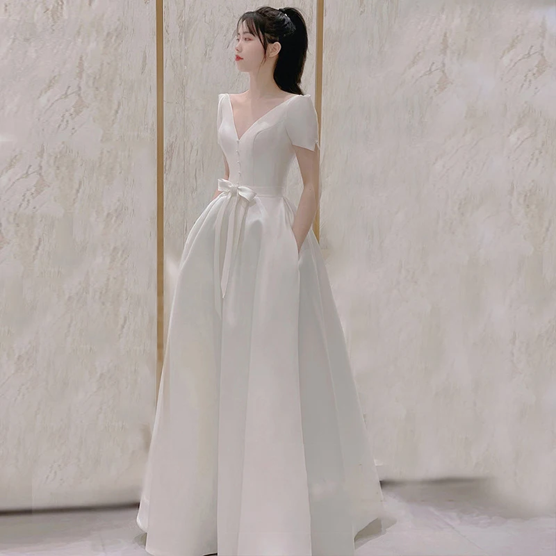 Robe de mariée en satin blanc pour mariée, robe de soirée élégante, longue robe de soirée, robe de Rhsexy à col en V, robe maxi, été, 2023