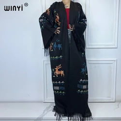 WINYI kimono Embroidered tassel long down cardigan winter coats for women abaya dubai luxury Middle East maxi dresses womens