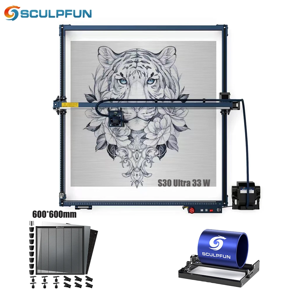 

SCULPFUN S30 Ultra Laser Engraver 33W Engraving Area 600x600mm with Rotary Roller&Honeycomb Automatic Air-assist cutting machine