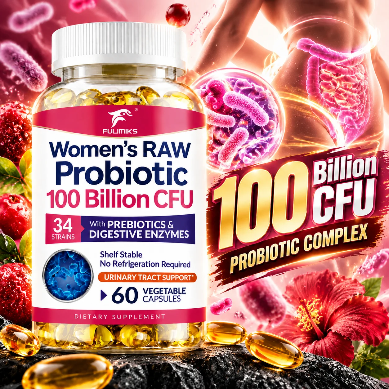 FULIMIKS Women's Raw Probiotic Supplement, with Prebiotics & Digestive Enzymes, Support Immune & Urinary, Bloating, Indigestion
