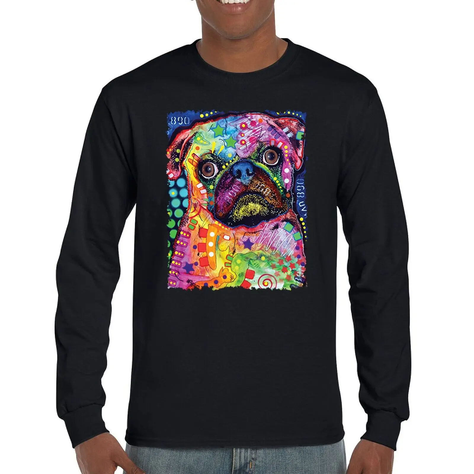 

Cute Pug Puppy Long Sleeve T-shirt Dean Russo Colorful Neon Mosaic Dog Art