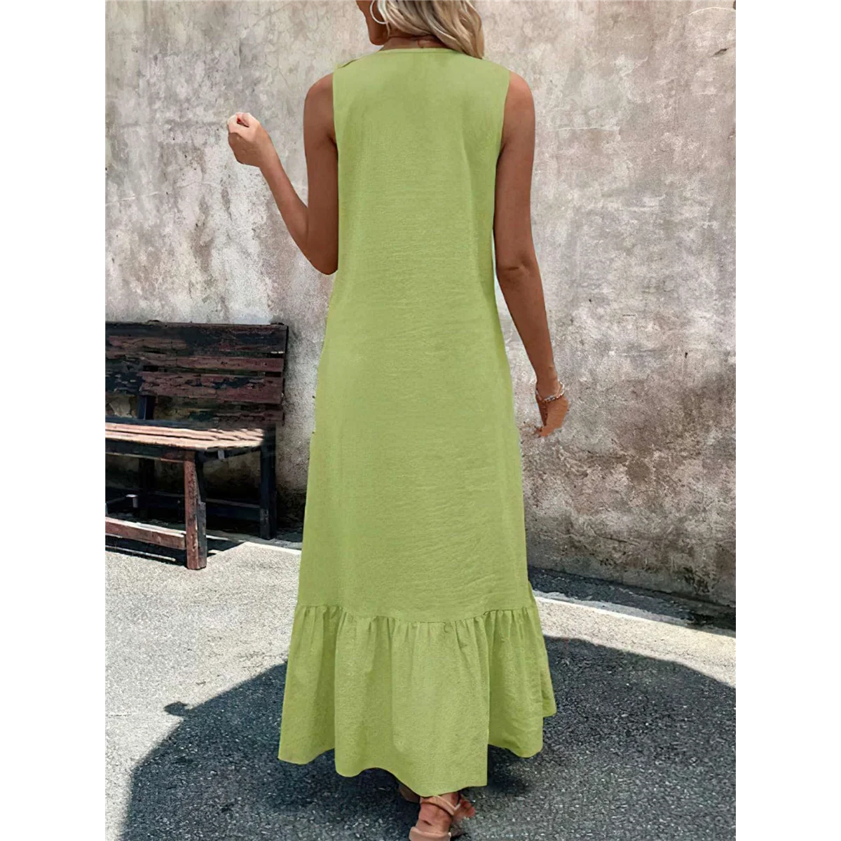 【】 Vestido feminino verão praia algodão regata linho boho sem mangas em camadas babado maxi vestido longo