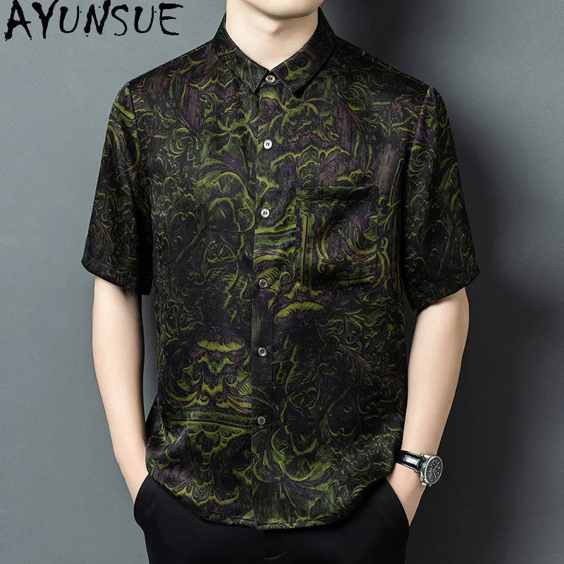AYUNSUE Luxury Watered Gauze High Quality Shirts for Men 100% Mulberry Silk Short Sleeve Shirt Man Summer Top Fashion Jacquard